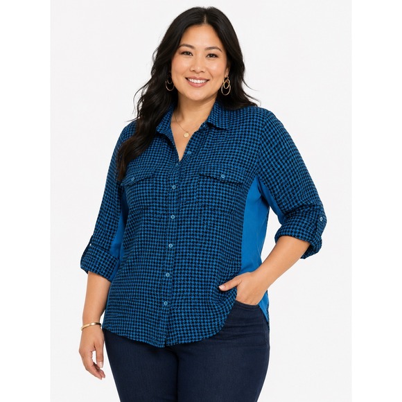 Zac & Rachel Woman Tops - Zac & Rachel Woman 3X Teal Black Houndstooth Button Down Shirt Cotton